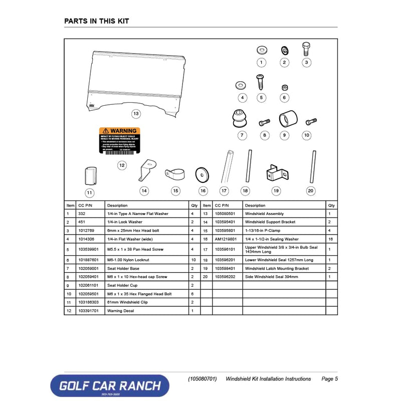 KIT WINDSHIELD CLEAR 950 - 105080601 - Club Car CA/XRT ACCESSORY
