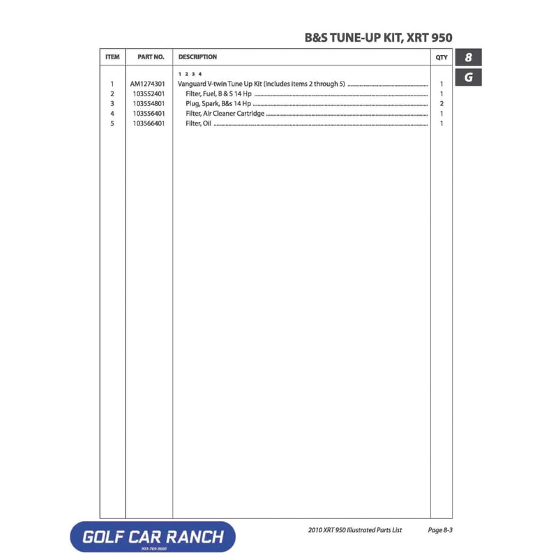 VANGUARD V-TWIN TUNE UP KIT - AM1274301 CLUB CAR CA/XRT REPAIR PART