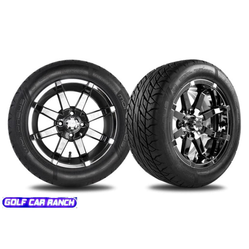 Two black chrome alloy wheels with tires, designed for a golf cart, with the text 'GOLF CAR RANCH' at the bottom.