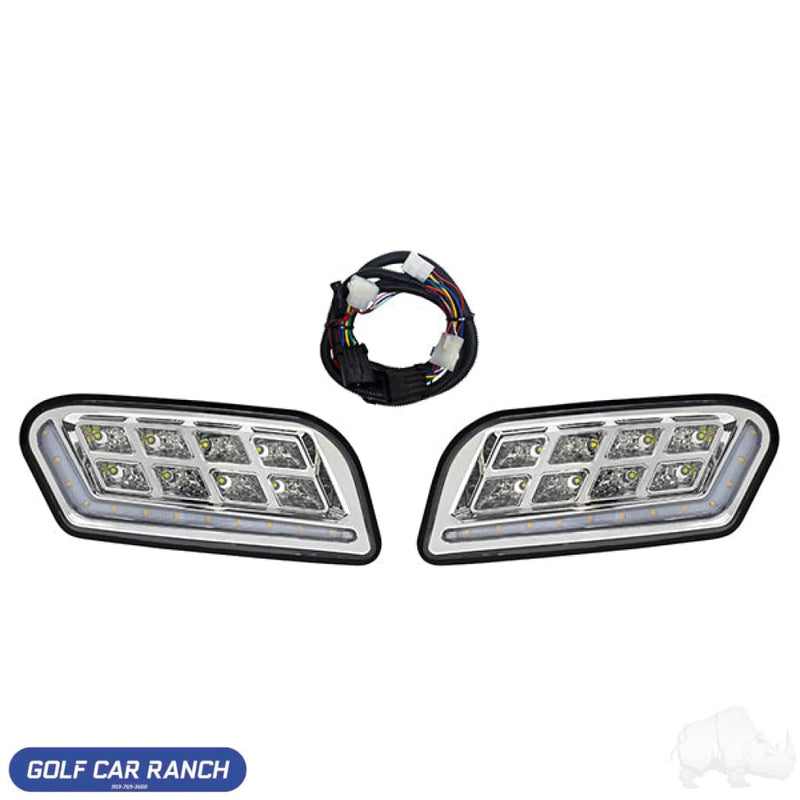 LED Headlights w/RGBW Accent Lights and OE Retrofit Harness Club Car Tempo 12-48V Item #: LGT-415L - AFM ACCESSORY