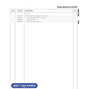 Sheet of tow hook plates with part numbers and descriptions on a white background