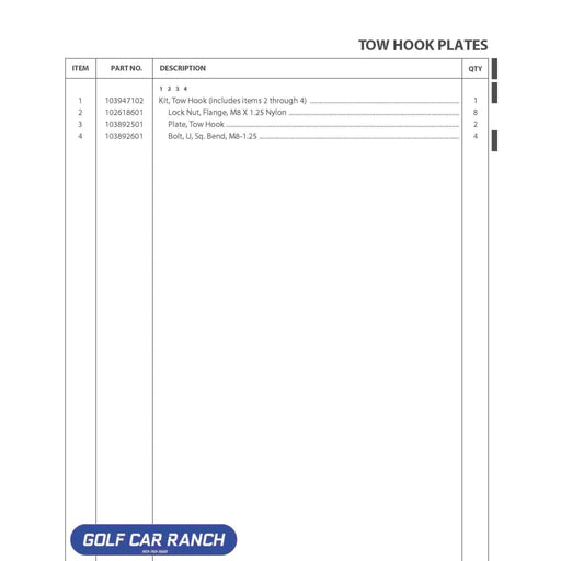 Sheet of tow hook plates with part numbers and descriptions on a white background