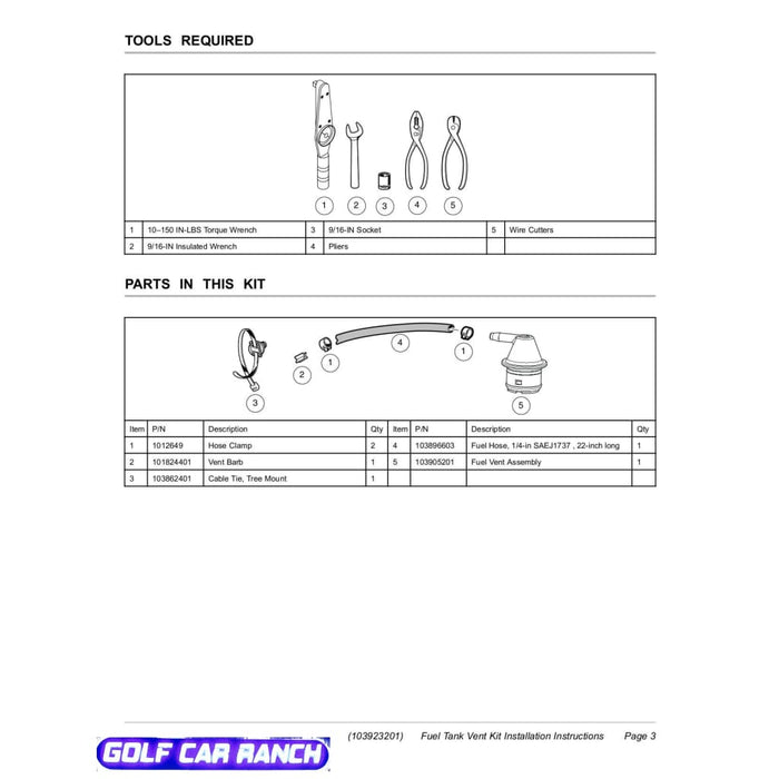 103923101 KIT D'ÉVENT DE RÉSERVOIR DE CARBURANT 1/4" CLUB CAR